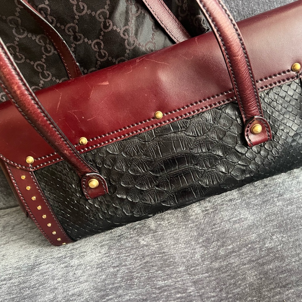 Auth.Gucci 100% Real Python Skin And Burgundy Lea… - image 6